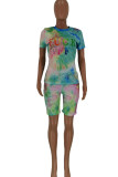 Green Polyester Fashion Casual Print Tie Dye Two Piece Suits pencil Short Sleeve Two Pieces