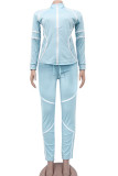 Light Blue Polyester Fashion Active adult Ma'am Patchwork Solid Two Piece Suits pencil Long Sleeve Two Pieces