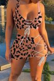 Coffee Sexy Leopard Hollowed Out Frenulum U Neck Sleeveless Two Pieces