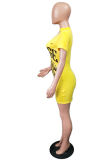 Yellow Sexy Print Hollowed Out O Neck Pencil Skirt Dresses