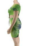 Green Fashion Sexy adult Ma'am One word collar Tie Dye Draped Two Piece Suits Draped Plus Size