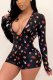 Black Casual Print Patchwork V Neck Skinny Rompers