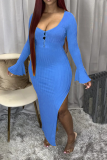 Blue Sexy Solid Split Joint O Neck Irregular Dress Dresses