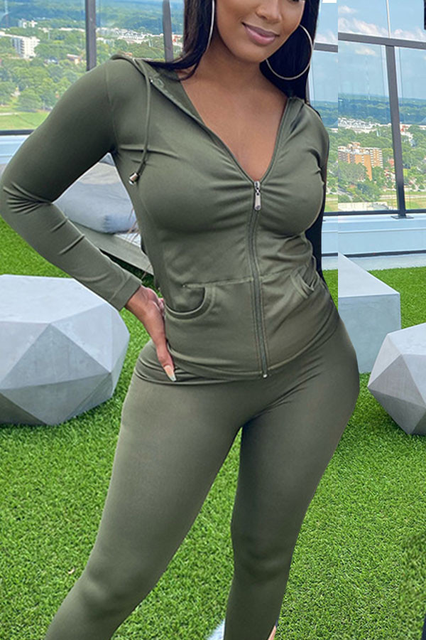 Army Green Sportswear Solid Patchwork Hooded Collar Long Sleeve Regular Sleeve Regular Two Pieces
