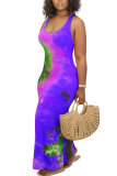 purple Fashion Sexy adult Orange purple Tank Sleeveless Square Swagger Ankle-Length Print Patchwork Tie and dye Dresses