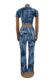 Deep Blue Fashion Casual Print Basic O Neck Short Sleeve Two Pieces