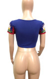 White Red Royal blue Polyester O Neck Short Sleeve Print crop top Tops