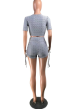 Grey Sexy Solid Patchwork Draw String V Neck Short Sleeve Two Pieces