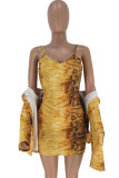 Yellow venetian Sexy Two Piece Suits Print pencil Nine Sleeves Two-Piece Dress