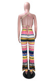 Pink Polyester Fashion adult Sexy backless Print crop top Striped Two Piece Suits Boot Cut Sleeveless Tw