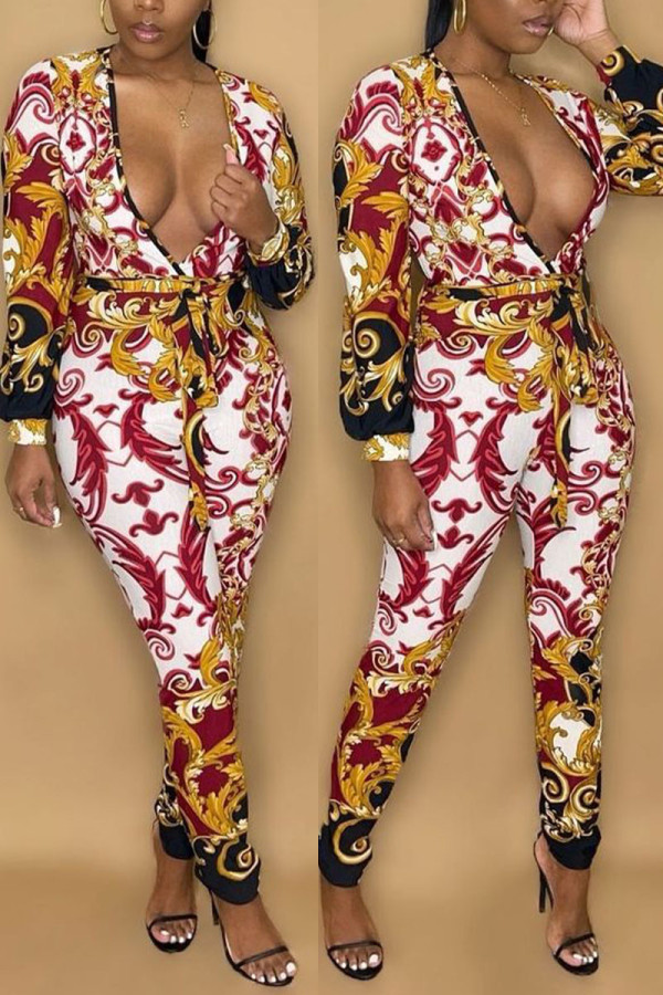 Colour Sexy Print V Neck Skinny Jumpsuits