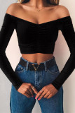 White Red Black Blue Pink Orange One word collar Long Sleeve Solid Tops