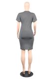 Grey Polyester Casual adult Sexy Fashion Short Sleeves O neck Pleated Mini Solid Draped asymmetrical