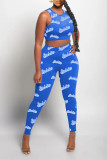 Blue Sexy Letter Print pencil Sleeveless Two Pieces