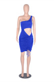 Blue Fashion Sexy Solid Hollowed Out One Shoulder Sleeveless Dress