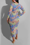 Light Blue Sexy Print Patchwork O Neck Pencil Skirt Dresses