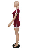 Wine Red Cotton Casual Patchwork Solid backless crop top Straight Short Sleeve Two Pieces