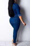 Dark Blue Sexy Solid Capris Turndown Collar Jumpsuits