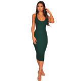 Black Green Fashion Sexy Spaghetti Strap Sleeveless V Neck Pencil Dress Knee-Length Club Dresses SMR39638