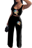 Black Fashion Casual adult Ma'am Print Two Piece Suits Loose Sleeveless Two Pieces
