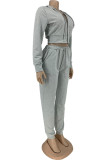 Grey Sportswear Solid Patchwork Hooded Collar Long Sleeve Two Pieces