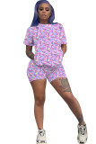 Pink venetian Fashion Casual adult Ma'am Patchwork Print Character Two Piece Suits Straight Short Sleeve Two Pieces