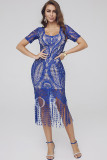 Blue Polyester Sexy Cap Sleeve Short Sleeves O neck Step Skirt Knee-Length Solid Casual Dresses