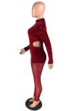 Red Fashion Sexy perspective Patchwork Mesh Solid Long Sleeve O Neck 