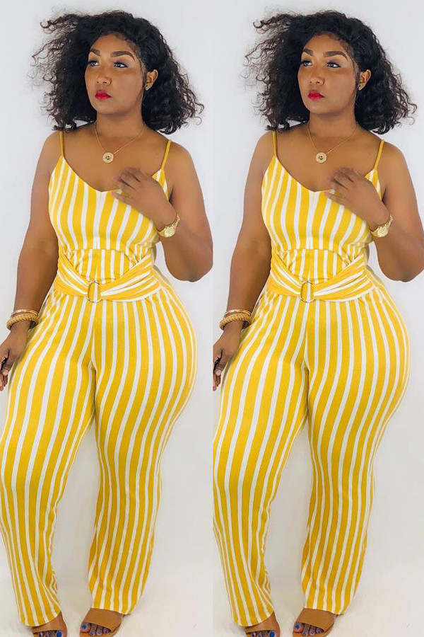 Yellow Sexy Striped Polyester Sleeveless Slip Jumpsuits