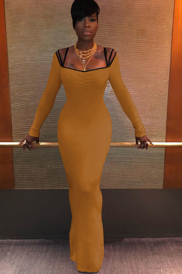 Yellow Street Cap Sleeve Long Sleeves Slip Pencil Dress Floor-Length Solid backless Patchwork Cl