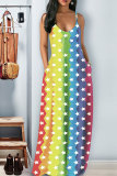 Red Fashion Sexy Spaghetti Strap Sleeveless Slip Pleated Floor-Length Print asymmetrical Patchwork
