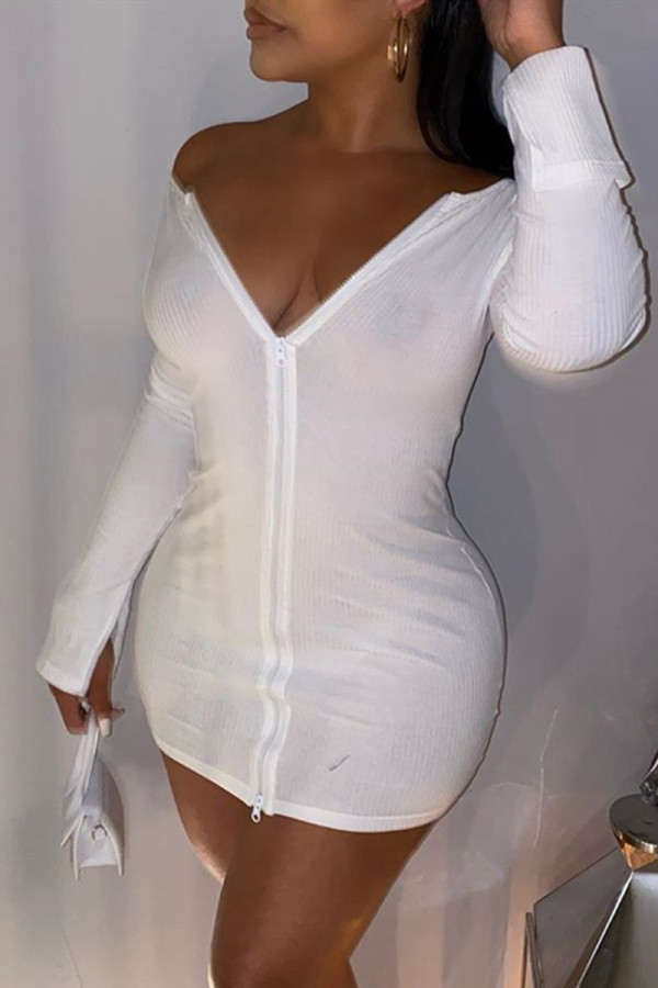 White Fashion Sexy Solid Basic Zipper Collar Long Sleeve Dresses