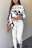 White Polyester Fashion adult Ma'am Street Print Two Piece Suits pencil Long Sleeve Two Pieces