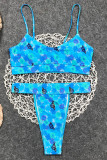 Sky Blue Sexy Butterfly Print Solid Color Swimwears