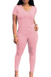 Pink Polyester Fashion Sexy adult Ma'am Solid Two Piece Suits pencil Short Sleeve Two Pieces