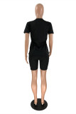 Black Fashion Casual Letter Print Basic O Neck Short Sleeve Two Pieces