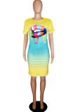 Yellow Casual Print Patchwork O Neck A Line Dresses