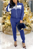 Dark Blue Fashion Casual Patchwork Patchwork Zipper Collar Long Sleeve Two Pieces