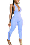 Light Blue Fashion Casual Solid Sleeveless V Neck Jumpsuits
