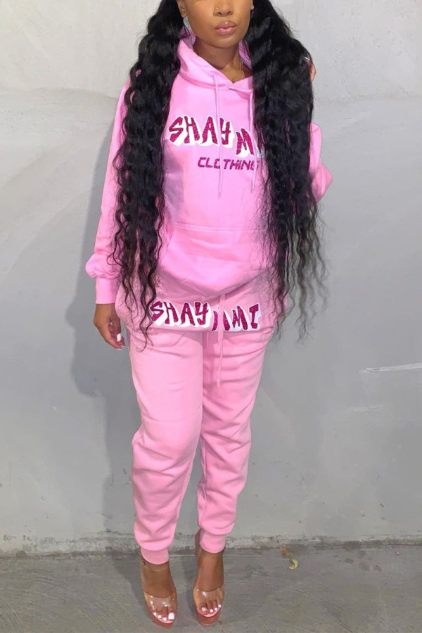 Pink Fashion Casual Letter Print Basic Hooded Collar Long Sleeve Two Pieces