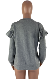 Grey Casual Solid Buttons V Neck Tops