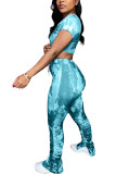 Blue Polyester Fashion Casual adult Ma'am Print Draped Two Piece Suits pencil Short Sleeve Two Pieces