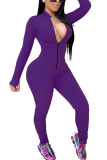 purple Fashion Casual Solid zipper Milk. Long Sleeve O Neck Jumpsuits