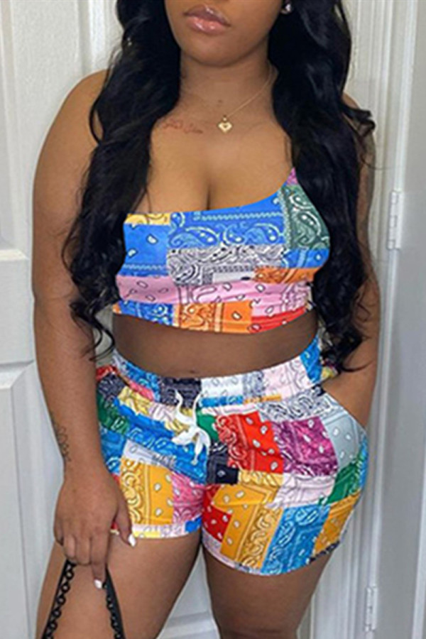 Colour Sexy Casual Print Backless Sleeveless Two Pieces