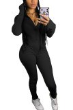 Black Fashion Casual Adult Polyester Solid Fold O Neck Skinny Jumpsuits