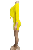 Yellow Milk Silk Active Patchwork Solid asymmetrical Fluorescent pencil Half Sleeve Two Pieces