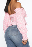 Pink Polyester Wrapped chest Short Sleeve Plaid Patchwork Print bow-knot HOLLOWED OUT Tops
