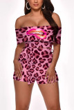Pink Polyester Fashion Lightly cooked Leopard Print Two Piece Suits pencil Short Sleeve Two Pieces