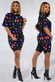 Red Polyester Fashion adult Sexy backless Print Two Piece Suits Patchwork Straight Short Sleeve Two-Pie