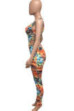 Orange Fashion street Print zipper Sleeveless O Neck Jumpsuits